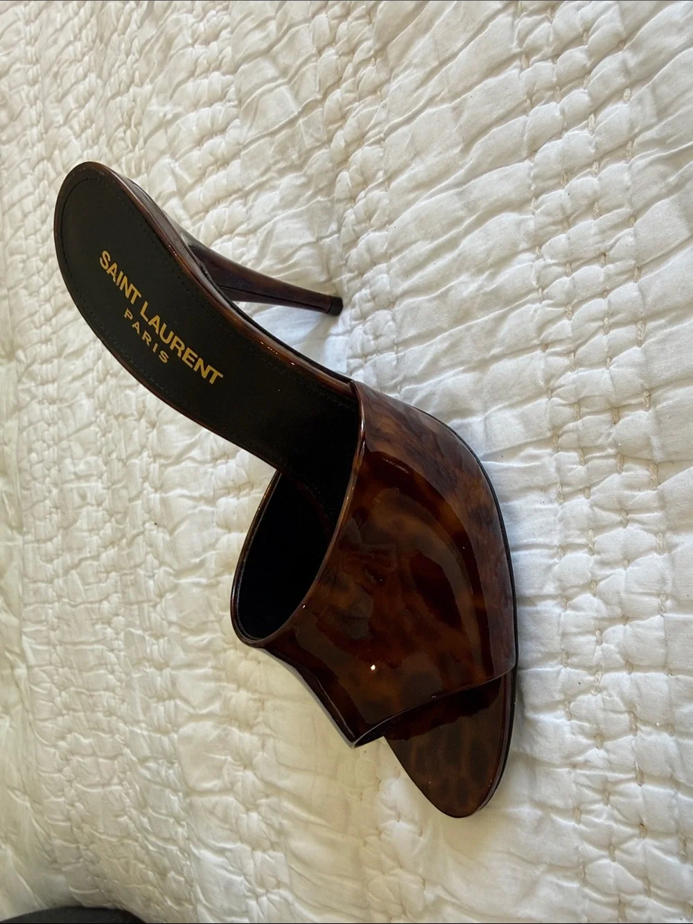 Saint Laurent Tortoise Brown Patent Open-Toe Slides - Picture 9 of 10